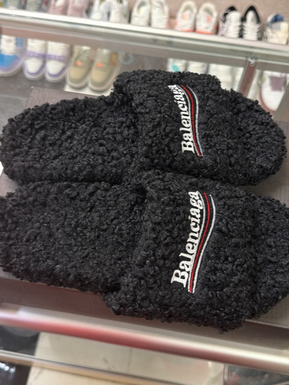 Balenciaga Black Fuzzy Logo Slide Sandals